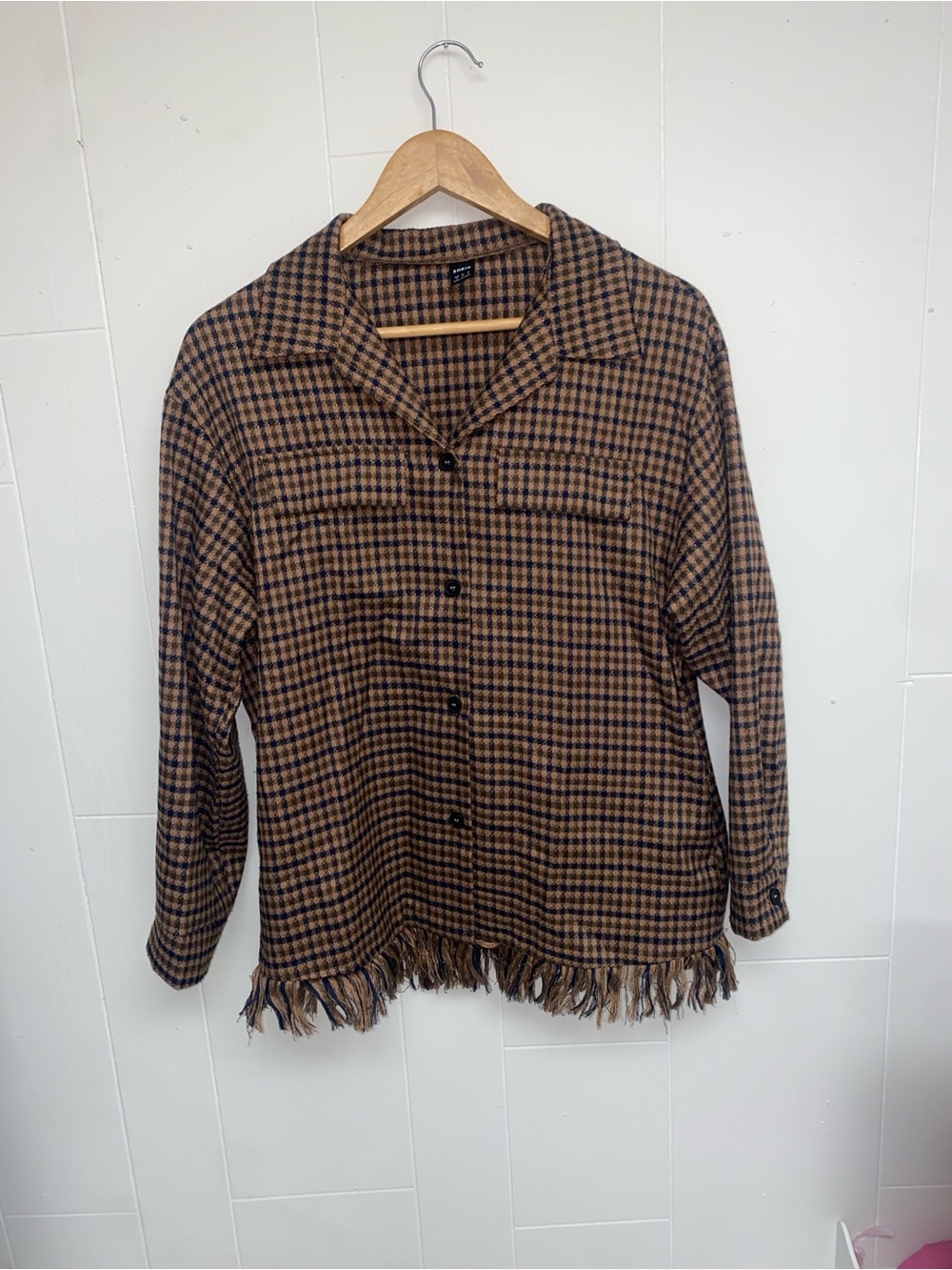 Women's Brown Plaid Fringed Button-Up Coat